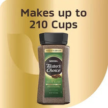 Instant coffee bottle with 'Makes up to 210 cups' text on label