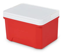 Red cooler with open top and white lid, square insulated body