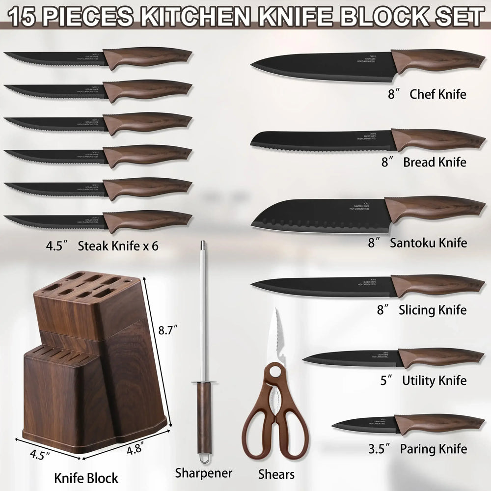 Walchoice 15 Pieces Knife Set with Block, High Carbon Stainless Steel Kitchen Knife Set with Sharpener, Rust Resistant & Dishwasher Safe - USA MEGA SHOP