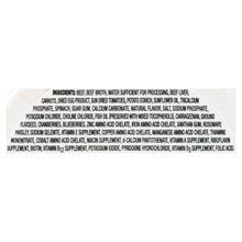 Dog food ingredient panel for grain-free beef dinner with carrots and sun-dried tomatoes
