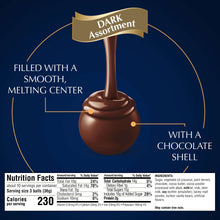 Dark chocolate truffle shell with melting center; nutrition facts panel