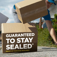 Sealed cardboard shipping boxes on a driveway, heavy duty tape guarantee