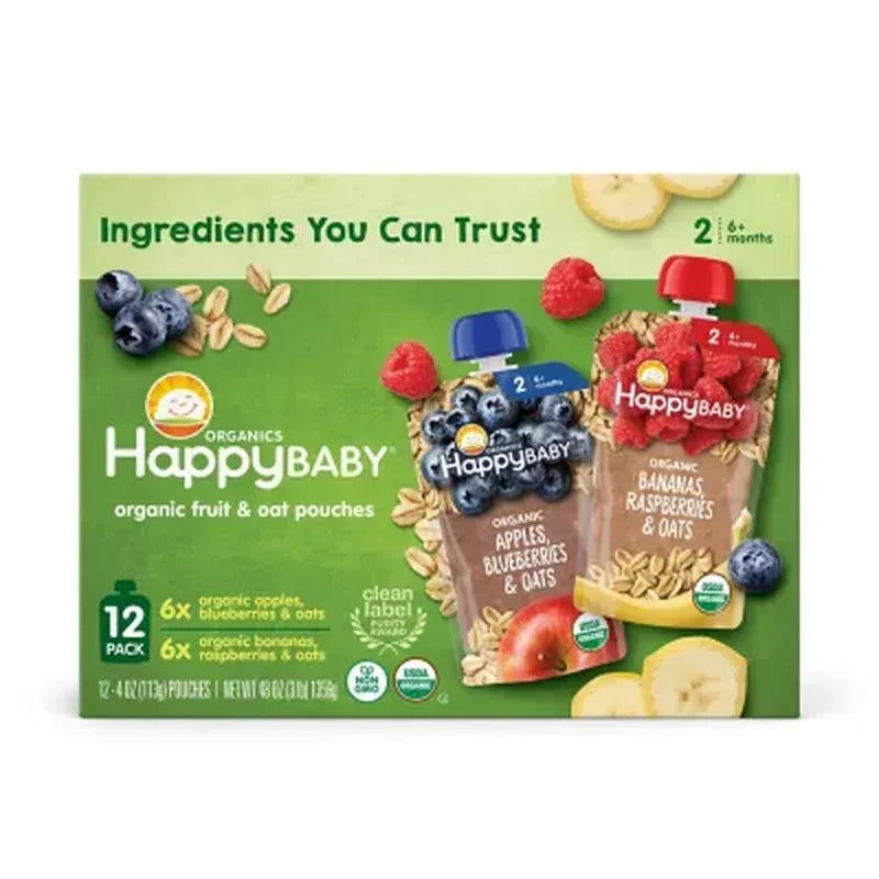 Happy Baby Organics Stage 2 Clearly Crafted Oats & Fruit Pouches Variety Pack (4 Oz., 12 Ct.)