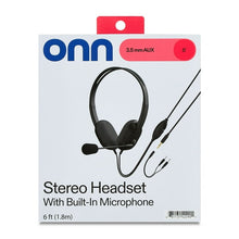 Onn stereo headset box showing 3.5 mm AUX connection and built-in microphone