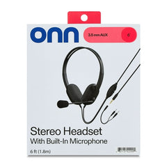 onn 3.5mm AUX Stereo Headset with Built-In Microphone, Black
