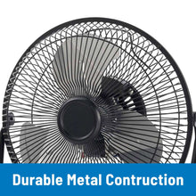 Metal fan front grille with central hub and black blades, close-up