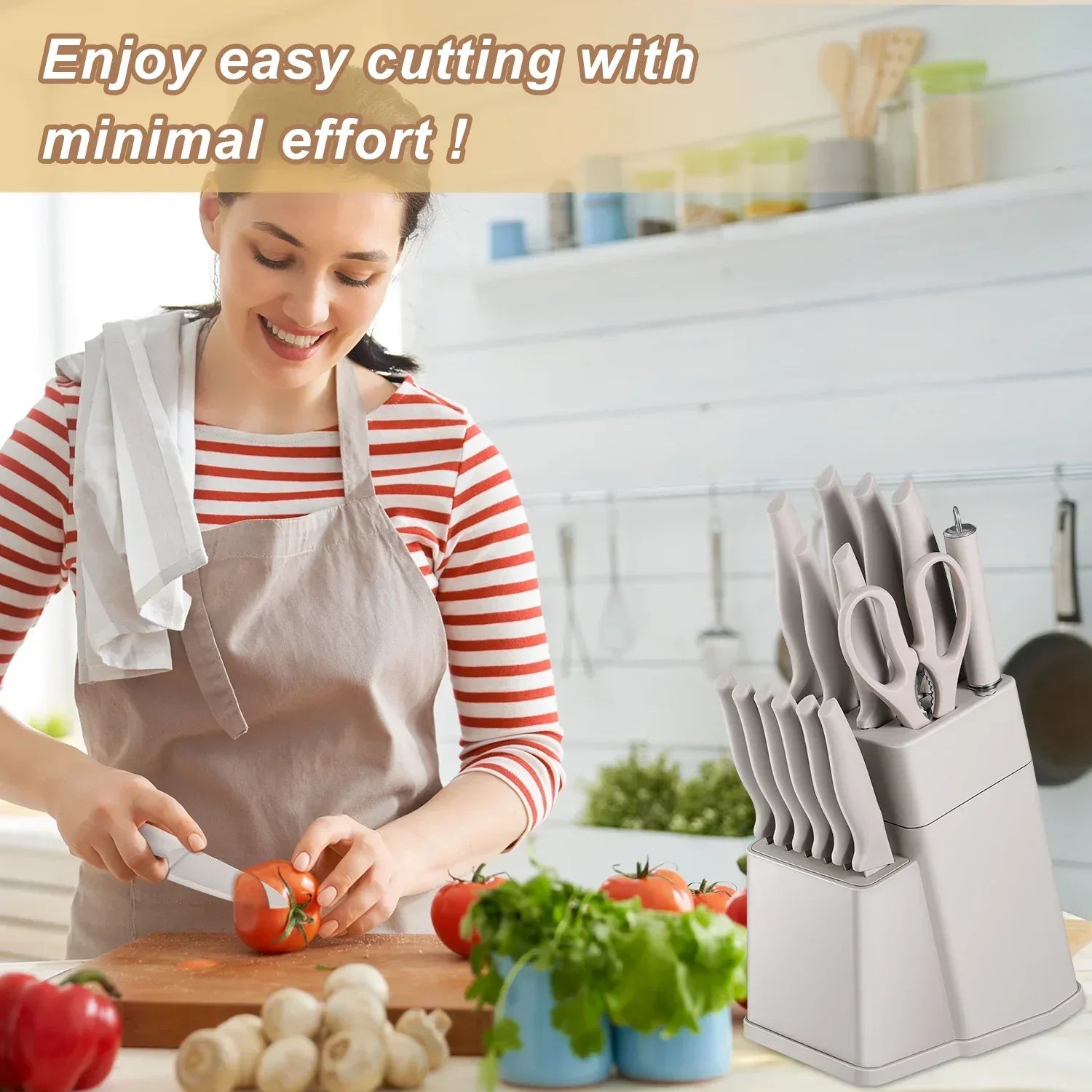 Vesteel Knife Set for Kitchen with Block, 15 Pcs High Carbon Stainless Steel Kitchen Knife Set with Self Sharpening - USA MEGA SHOP
