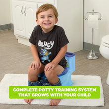 Light blue potty trainer with dark blue seat, child seated on top