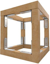 Stainless steel corner brace brackets mounted on a wooden frame