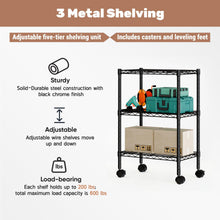 Black 3-tier wire shelving unit with casters, storing boxes and small tools