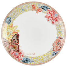 Round butterfly mosaic dinner plate, white center with multicolor floral and butterfly print