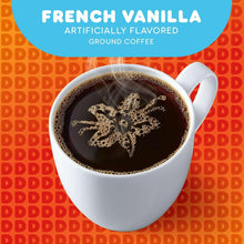 Cup of French Vanilla flavored coffee with Dunkin label and swirl cream art.