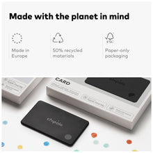 Chipolo CARD rechargeable wallet tracker, black card with chipolo logo and speaker button