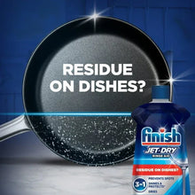 Finish Jet-Dry rinse aid bottle beside dark pan, blue label for rinse and dry