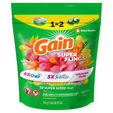 Gain Super flings laundry detergent pack with Hibiscus Hula floral branding