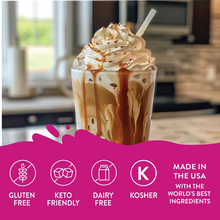 Salted caramel drizzle on creamy iced drink with whipped topping and caramel bits
