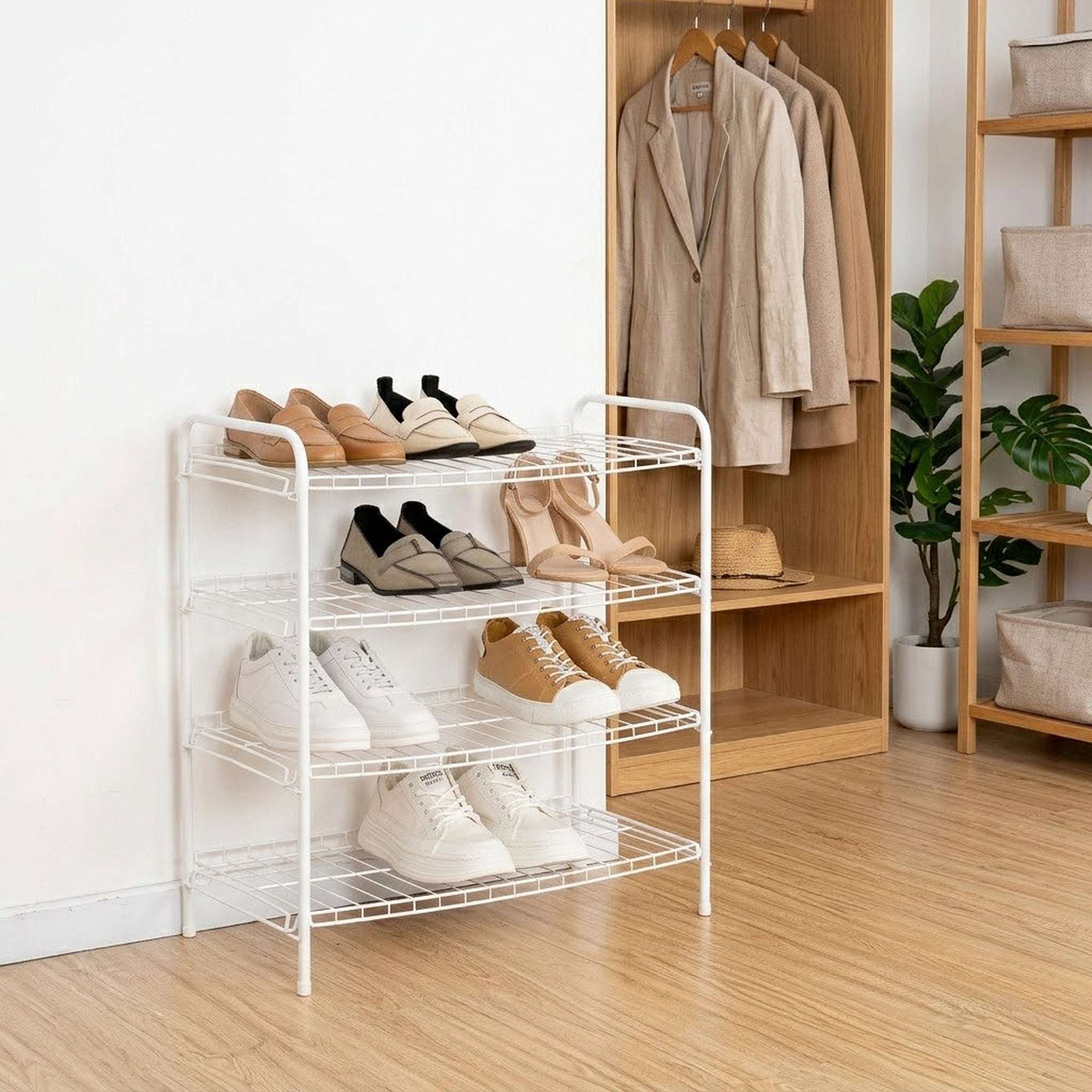 Mainstays Steel Wire Shoe Organizer, 4-Tiers, 12 Shoe Pair Capacity, Durable Shoe Rack, White