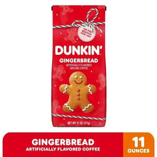 Dunkin’ gingerbread ground coffee bag with “Dunkin’” logo and bow top