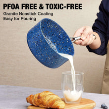 Blue speckled nonstick saucepan with lid, pouring sauce from pan