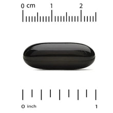 Black flaxseed oil softgel capsule with size scale markings