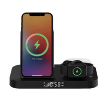 Charging alarm clock base with phone stand and circular charging indicator