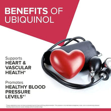 Ubiquinol health benefits graphic with red heart and stethoscope