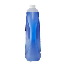 Liquid dish soap bottle, blue; angled back side view with label and white cap