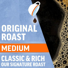 Ground coffee canister label: Original Roast Medium, with coffee droplet icon