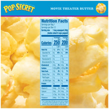 Pop Secret mini microwave popcorn bags nutrition facts panel over popcorn