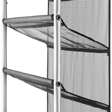 Over-the-door shoe rack, silver posts and mesh pockets with black stitched trim