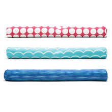 Pool noodle set with red dot, light blue scallop, and blue striped styles