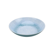 Blue reactive dinner bowl, shallow round interior with mottled glaze