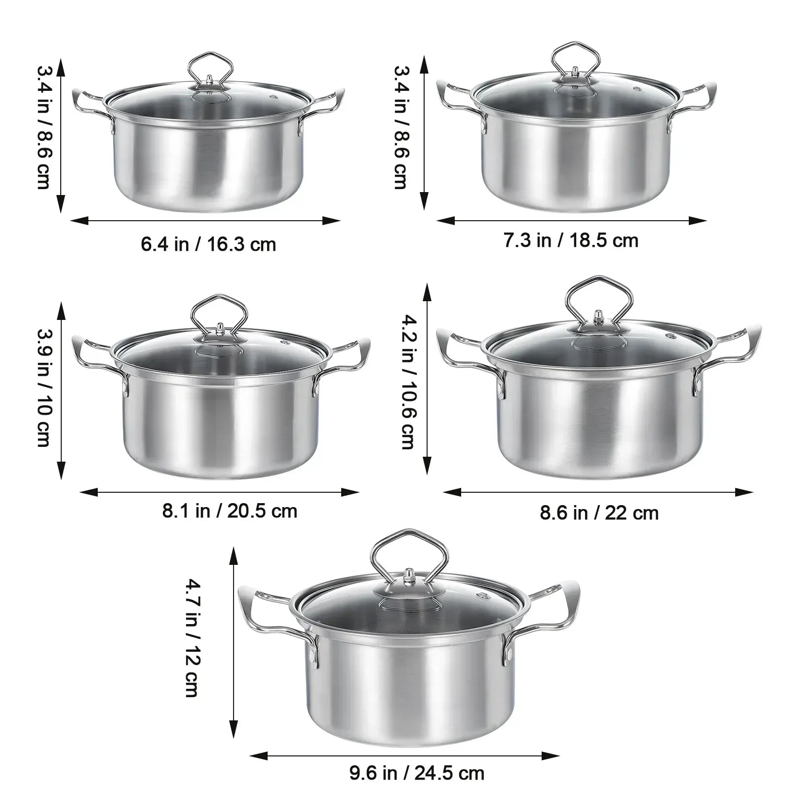 Large Pot,5 Sets Stockpots Stainless Steel Soup Pots Kitchen Cookware Set Induction Pots with Glass Lids