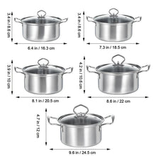Stainless steel pot set with five lidded pots, dimensions shown