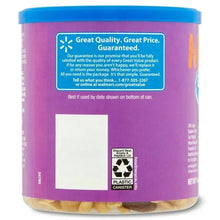 Back label of mixed nuts tub with blue lid and plastic recycling symbol