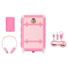 Pink child suitcase playset with closed front, headphones and accessory set
