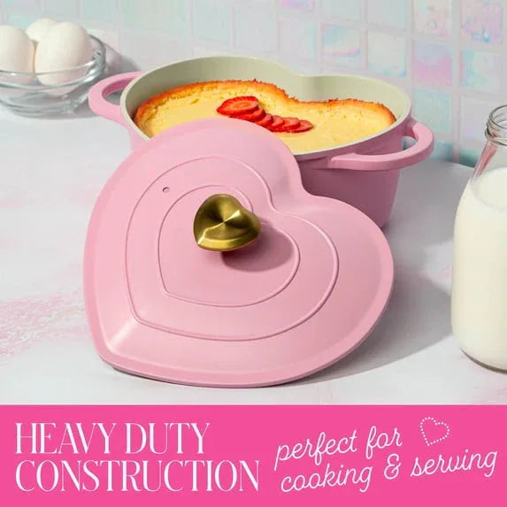 Paris Hilton 2.2-Quart Ceramic Nonstick Cast Aluminum Heart-shaped Dutch Oven with Lid, Oven Safe, Dishwasher Safe, Pink