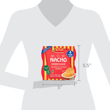 Ricos nacho cheese sauce pouch with 4 dipping cups, size shown 5.5 in