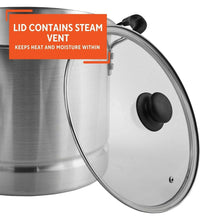 Aluminum stock pot with glass lid and black vent knob on top