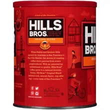Hills Bros Original Blend ground coffee can, red back panel with text blocks and icons