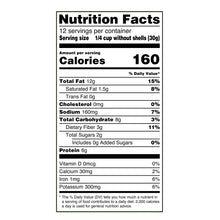 Nutrition Facts label with serving size and calories on a pistachios package
