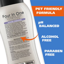 Wahl 4-in-1 calming formula label: pet friendly, pH balanced, alcohol/paraben free