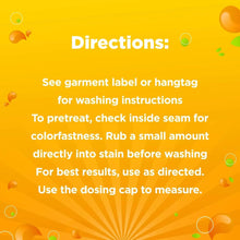 Laundry detergent directions text panel with pretreat and dosing instructions