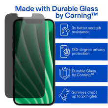 iPhone privacy screen protector showing dark glass panel and Corning durable glass callouts