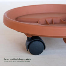 Terracotta plant caddy wheel detail with raised base reservoir