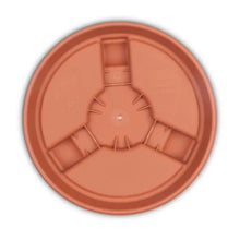 Terracotta plant caddy base with wheel mounts and circular center reservoir