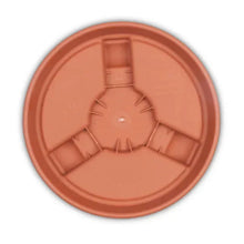 Terra cotta round plant caddy base with support ribs and wheel positions