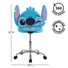 Blue Stitch kids desk chair with figural headrest, padded seat, swivel base, casters