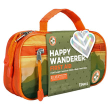 Outdoor first aid kit bag with orange handle and front pouch view, Happy Wanderer branding