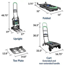 Folding hand truck in upright and cart-extended positions with green handle